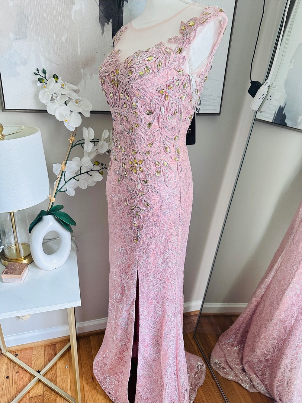 Blush Pink Beaded Lace Prom Dress with Sheer Yoke